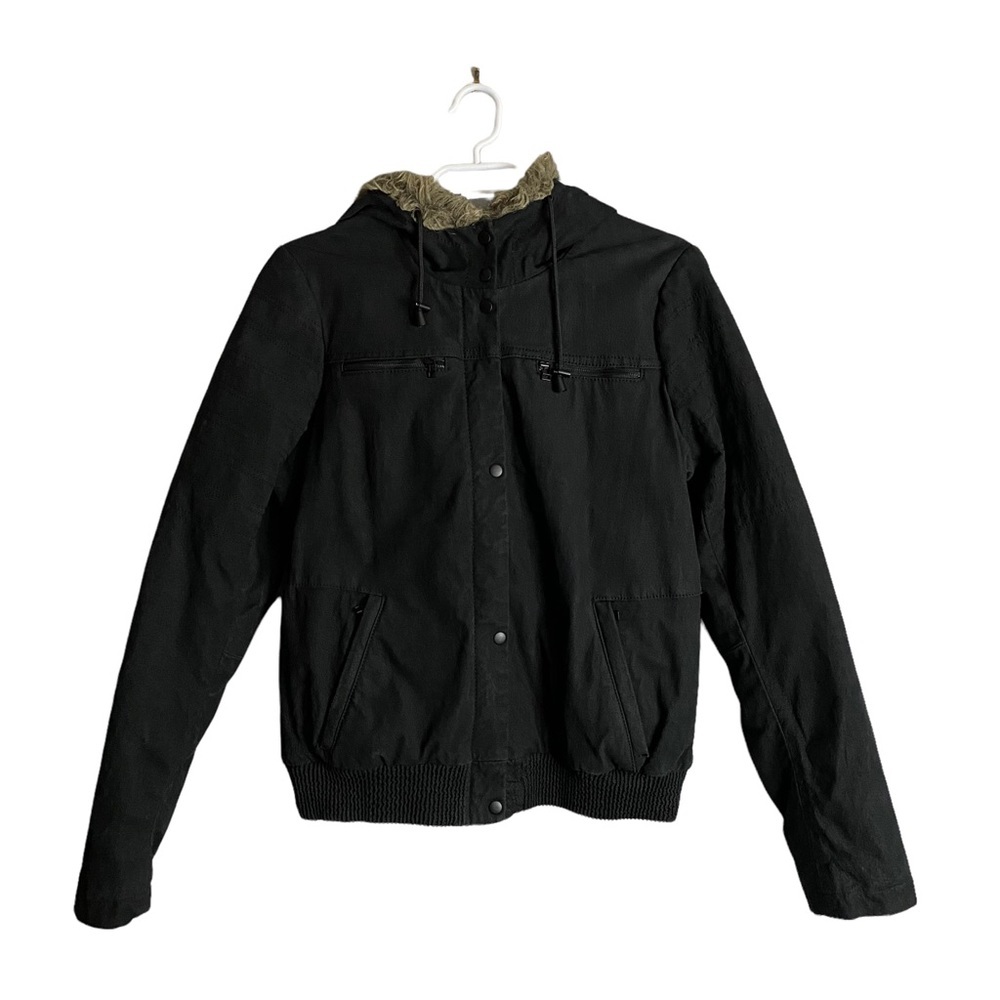 Danier Black Leather Jacket with Brown Hood
